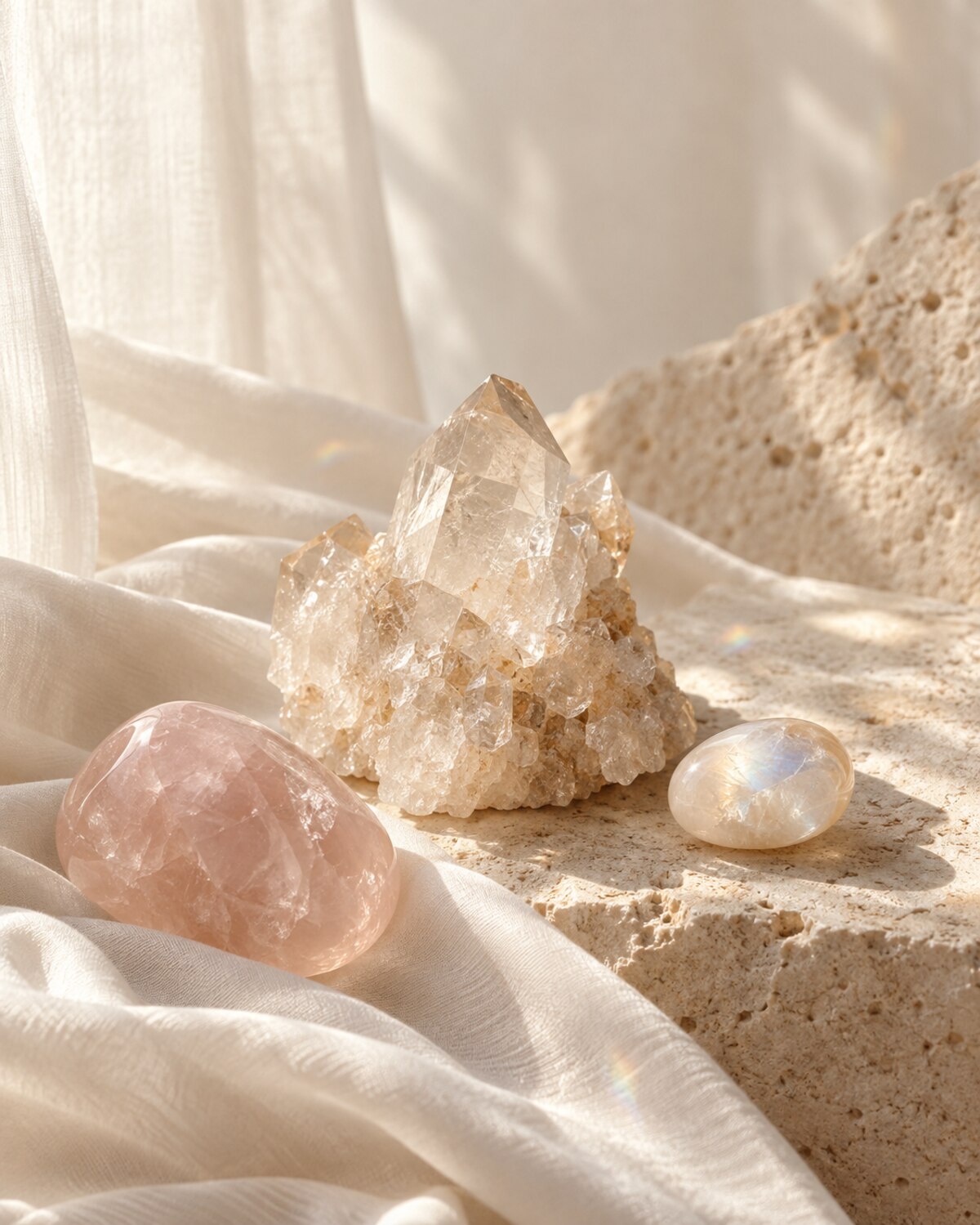 A study in stone and light: pale gemstones resting on ivory silk
